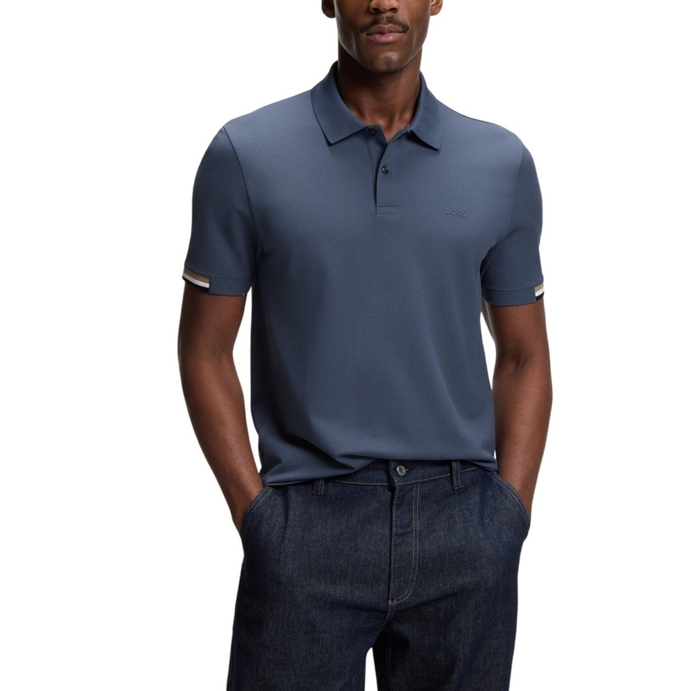 Hugo Boss Mens Mercerised Cotton Polo Shirt Blue XXL Short Sleeve Striped Trim